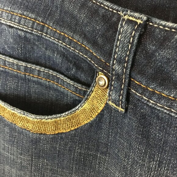 Vintage Y2K Cache Boot Cut Mid Rise Jeans 10 Gold Trim Rhinestone STRETCH - Picture 3 of 14